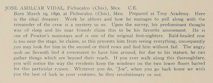 Biography of José Amilcar Vidal Sánchez, 1912 RPI Yearbook, 116.